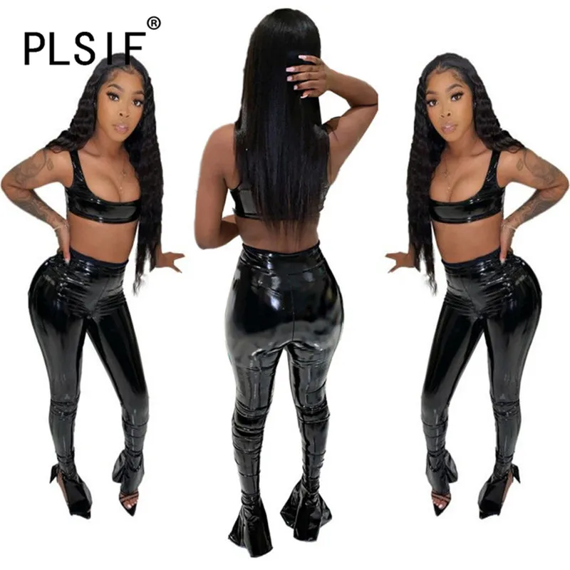 Искусственная кожа укороченный топ и набор длинных брюк черный Цвет комплект