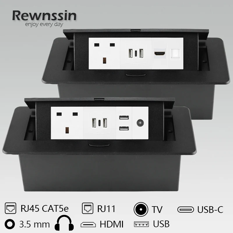 

Rewnssin UK DIY Custom Made Table Socket,With HDMI USB TypeC RJ45 TV Combo Power Strip,Slow Pop-up Black Desktop Outlet