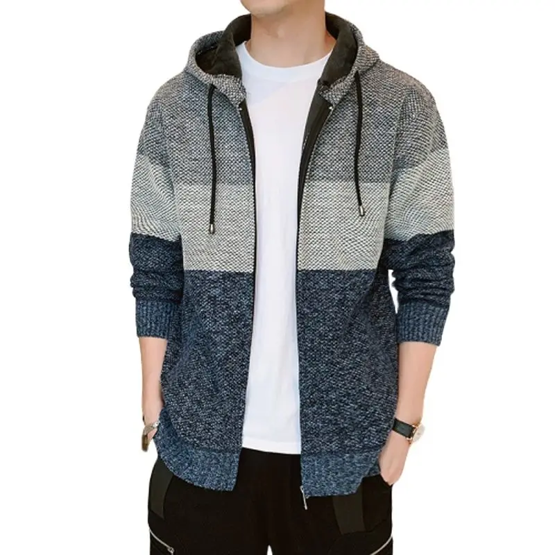 Nice Thick Cardigan Mens Sweater Zipper Striped Hooded Colorblocking Fashion Warm Slim Knitted Sweater Male Fleece Hoodies Coats
