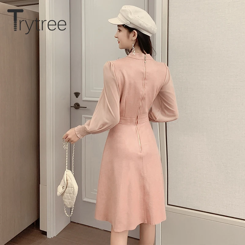 Trytree осенне-зимнее женское платье повседневное с круглым вырезом из кусков на