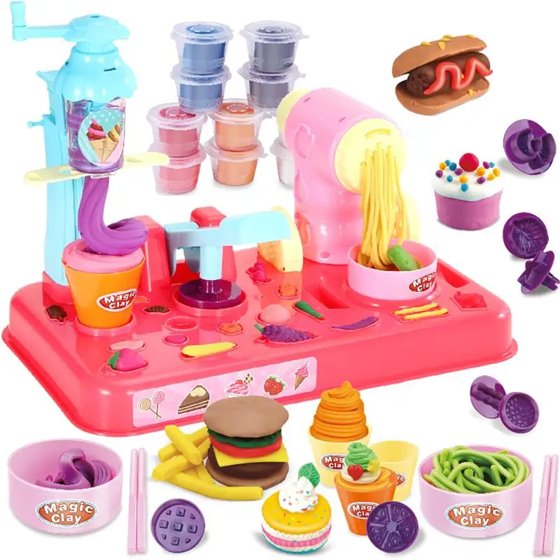

57pcs Kids DIY Clay Dough Plasticine Ice Cream Machine Mould 3D Clay Noodles Machine Dumplings Maker Mud Spaghetti Playdough Toy