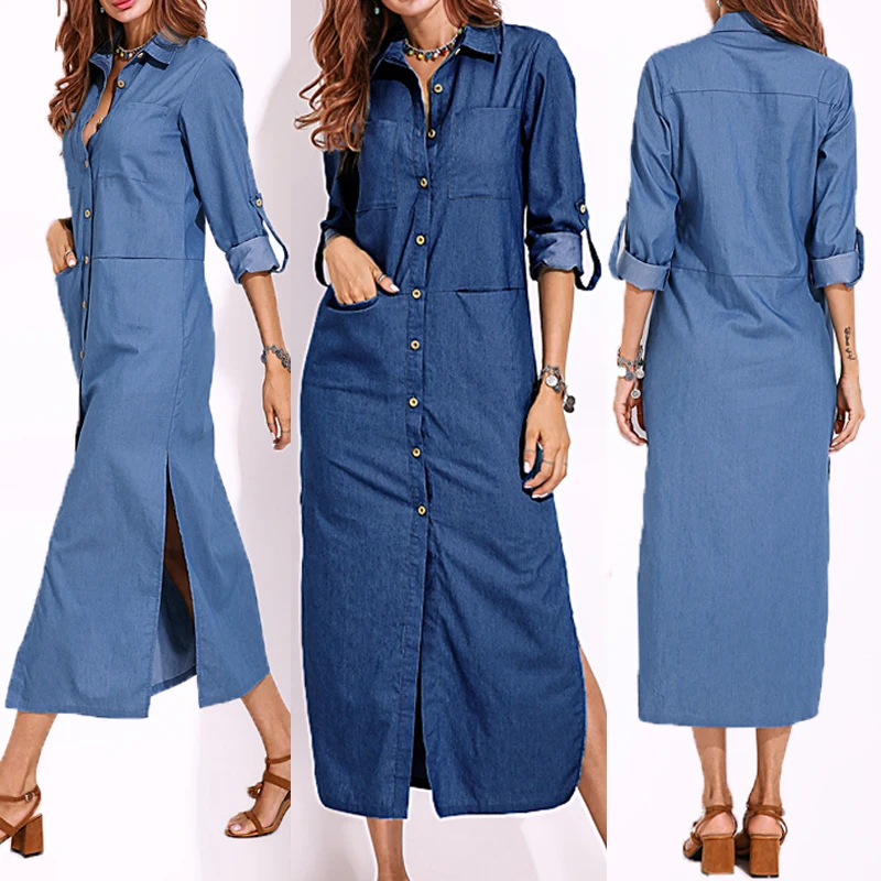 

S ZANZEA 2021 Spring Fashion Denim Blue Dress Women Casual Lapel Long Sleeve Long Shirt Vestido Elegant Work OL Sundress