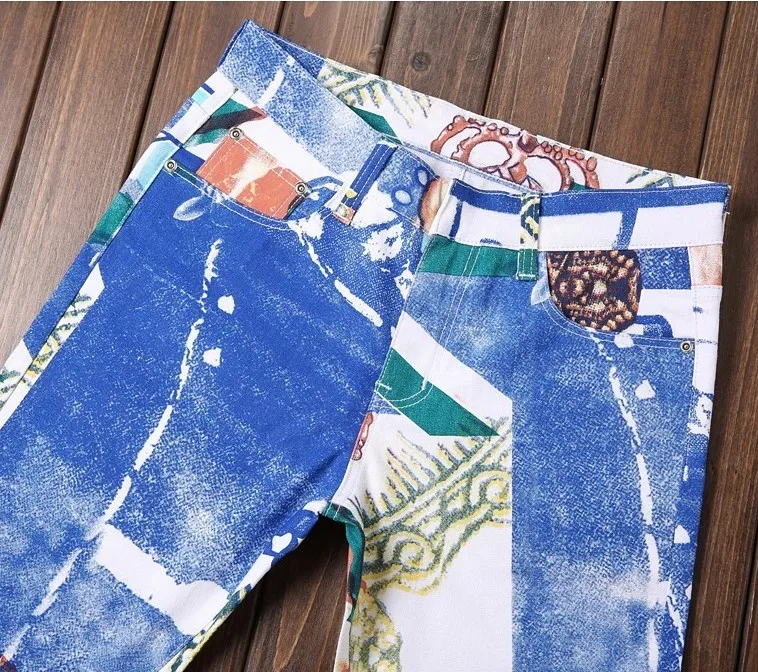 Облегающие мужские джинсы в европейском стиле с цветочным принтом белые яркие