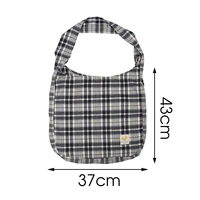 Black Plaid Women Simple Shoulder Bag Soft Cloth Fabric Handbag Large Capacity Tote Sanded Canvas Bags For Pretty Young Girls