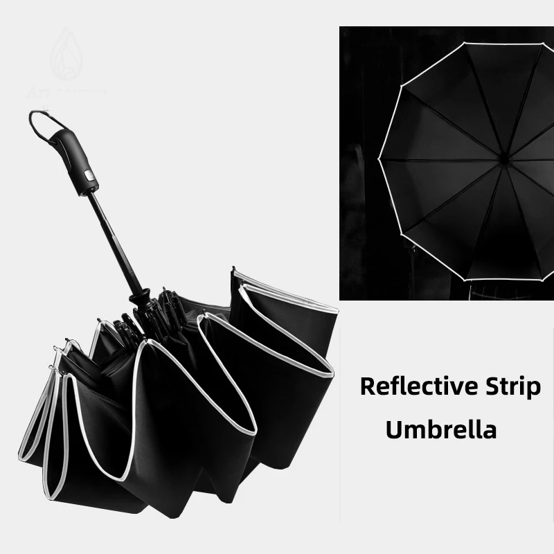 

Reflective Strip Umbrella Ten Bones Fully Automatic Umbrella 3 Folding Wind Resistant High Quality Business Sunny Rain Umbrella