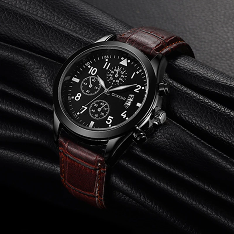 Часы наручные мужские кварцевые с кожаным ремешком водонепроницаемые|Кварцевые