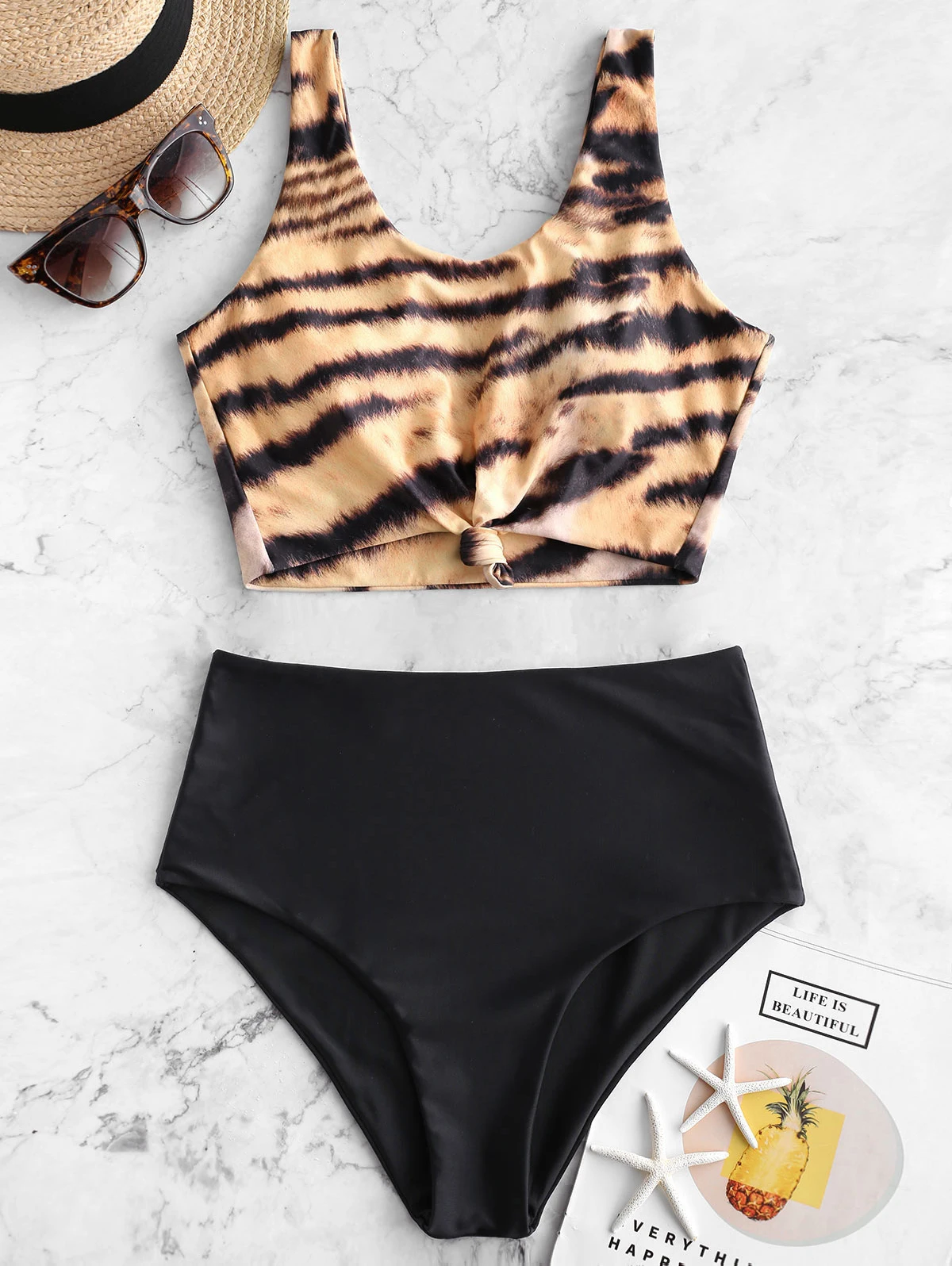 ZAFUL Animal Print Knotted Mix And Match Tankini Swimwear Scoop Neck Leopard Print Two Pieces Swimsuit Padded Beachwear 2020 New