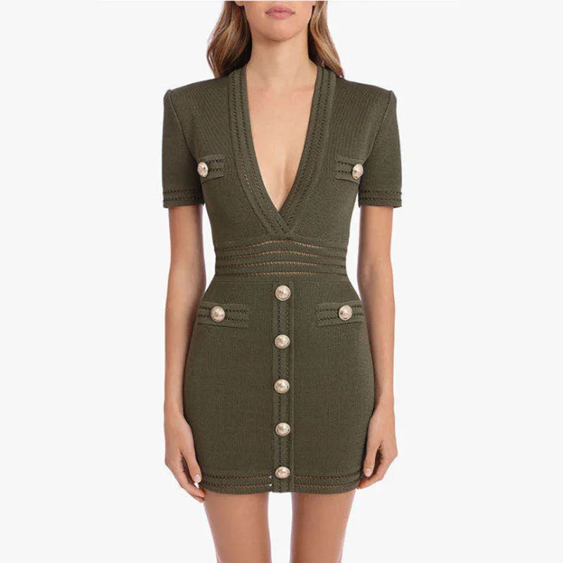 

ArmyGreen Short Sleeve Dress 2021 Spring Summer New Sexy Deep V-neck Gold Button Elasticity Knitted Pencil Dresses HIGH QUALITY