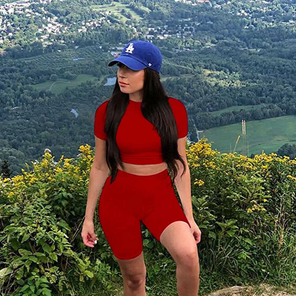 

Women Summer Solid Sports Clothing Sets Short Sleeve Crop Top + High Waist Bodycon Shorts Lady Tracksuit Gym Fitness Outfit Sets