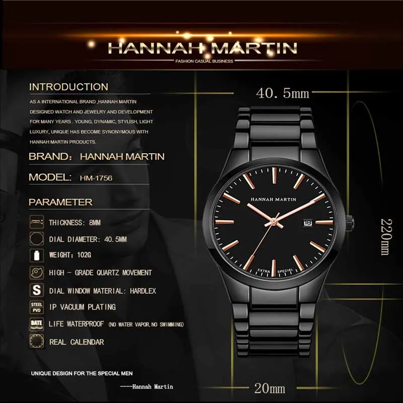 Часы Hannah Martin Мужские кварцевые брендовые Роскошные деловые повседневные модные