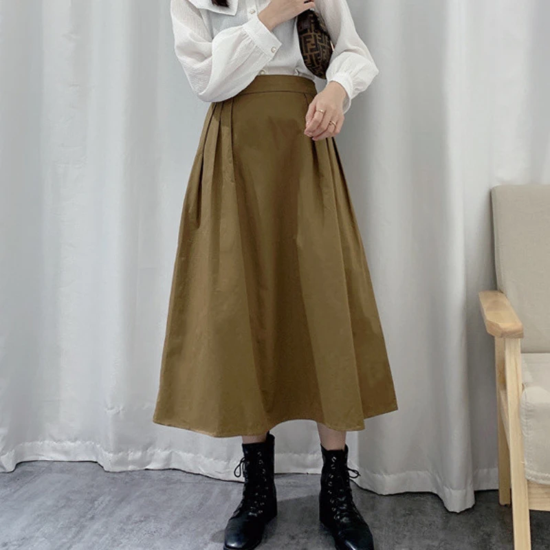 Autumn Preppy Pleated Long Cotton Skirts Mustard Temperament A-line Calf Length | Женская одежда