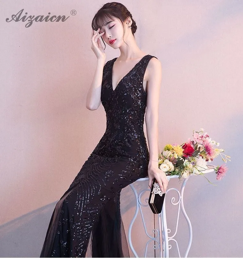Черные вечерние платья с глубоким v-образным вырезом Qipao Promtion Cheongsam современные Вечерние платья Русалка Qi Pao женское китайское платье халат
