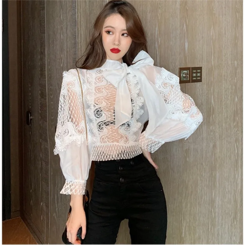 Весна 2020 темперамент галстук-бабочка с рукавами-фонариками свободная полая