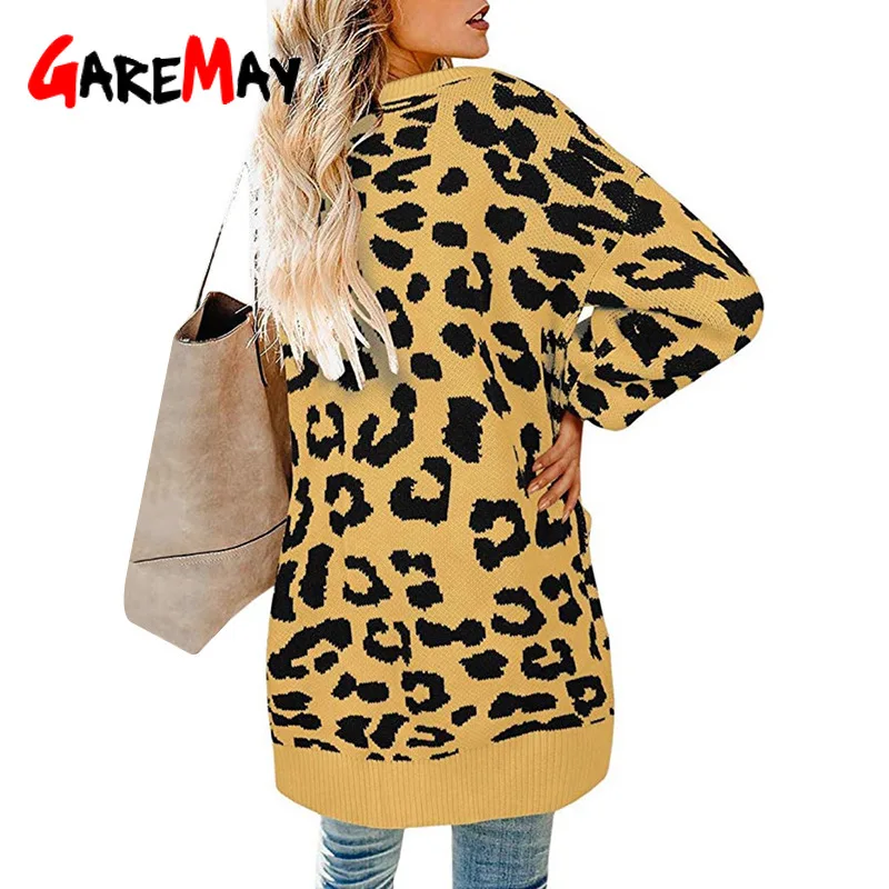 Женский длинный кардиган с леопардовым принтом Свободный вязаный свитер