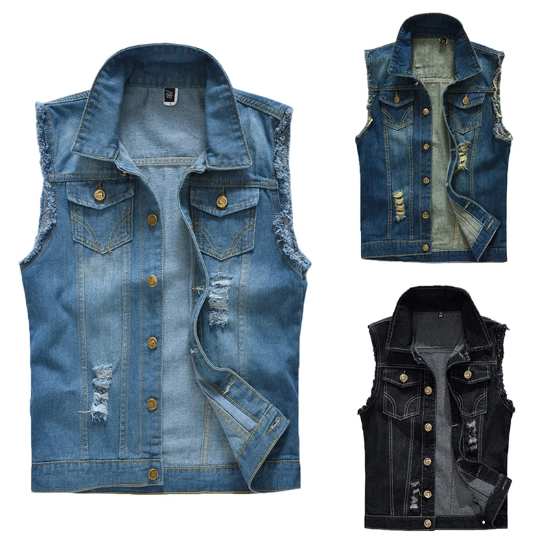 Мужской рваный джинсовый жилет винтажный с дырками темно-синее однобортное