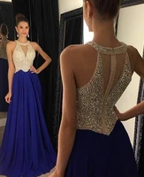 sexy halter a line long blue chiffon evening dress with pockets floor length beaded back formal party dress for women