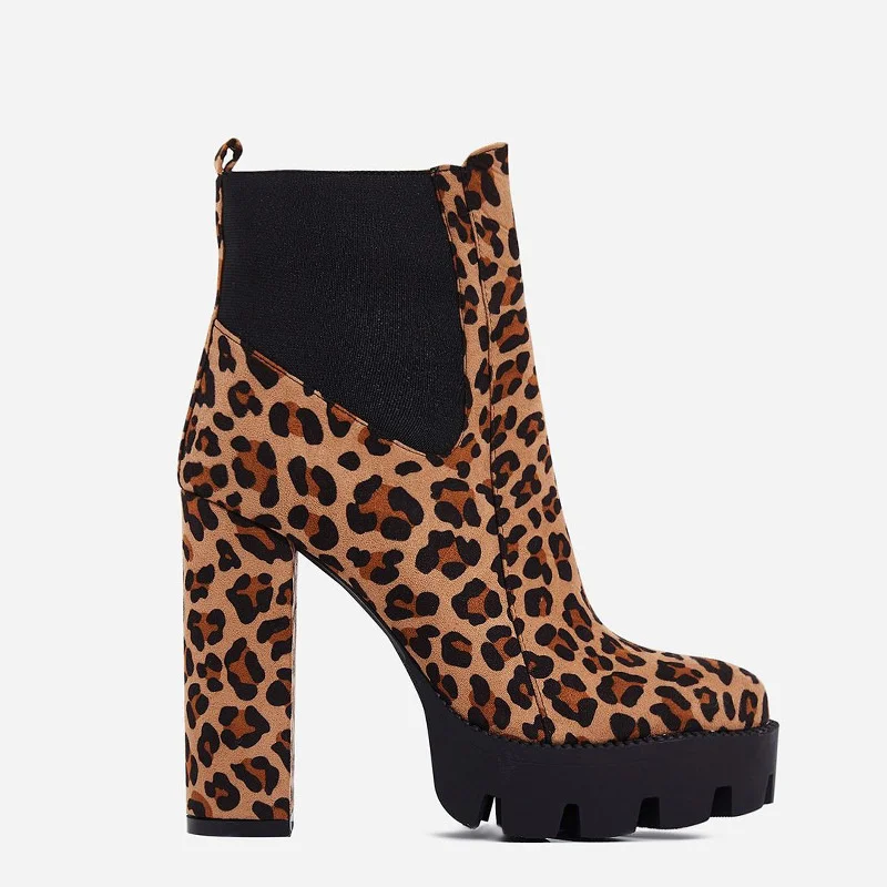 

New leopard print sleeve short boots high heel medium heel boots thick heel women's boots in 2019