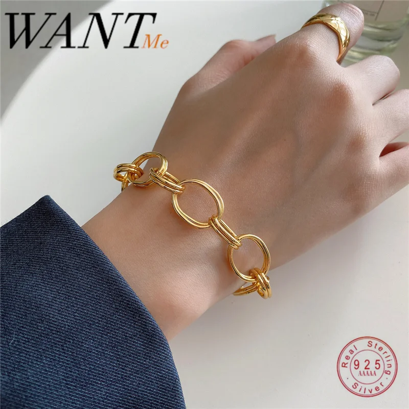 

WANTME Punk Real 925 Sterling Silver Double Circle Link Chain Gothic Bracelet for Women Thick O T Button Elegant Bangle Jewelry