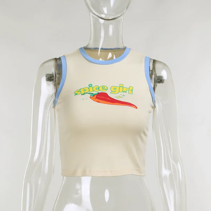 

Cartoon Print Sleeveless O-Neck Women White Slim Elastic Casual Fashion Summer Crop Tops Female Camis Leopard Sleeve Tanks Top