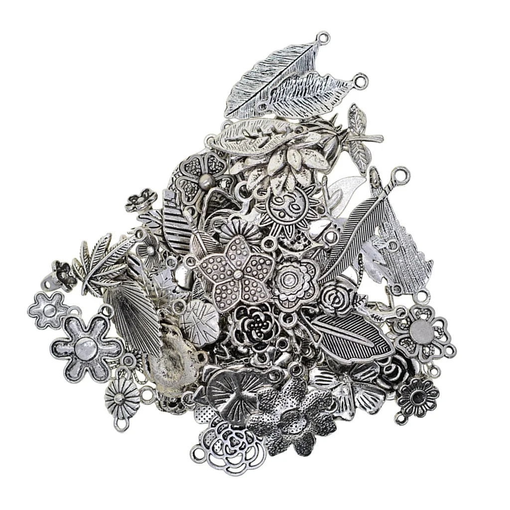 100 Grams Tibetan Silver Plated Mixed Plant Leaves Flowers Charms Pendants Connectors DIY for Jewelry Making and Crafting | Украшения и