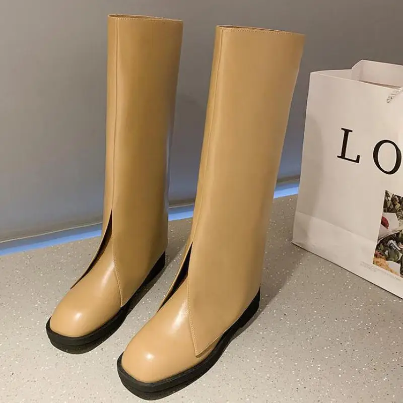 

Women Boots Mid Calf Boots Solid Color Slip On Female Boots flat Ladies Fashion Shoe Comfortable 2021Autumn Winter new