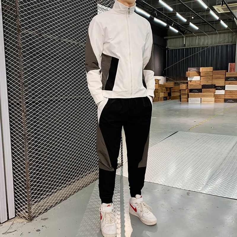 

Mens Sets Hip Hop Autumn 2PC Patchwork Track Suit Male Stand Collar Jacket Sweatsuit Tracksuit Men Clothes Casual Sportswear