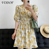 new white floral womens sexy dress with straps pleated office puff sleeve high street ladies dress summer casual mini dress