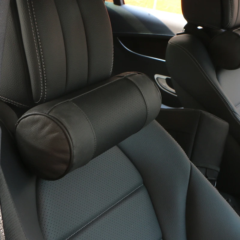

Genuine Leather Car Seat Headrest Pillows Auto Safety Cylindrical Black Neck Support Cover Cushion Memory Bone Head Protector