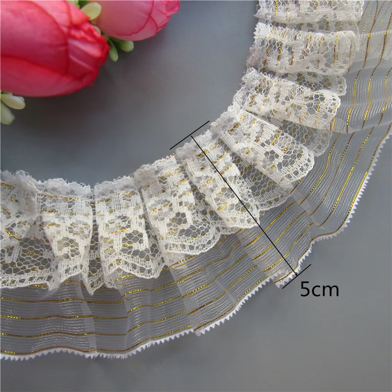1 ярд 2-слойная Золотая плиссированная вуаль пилообразные кружева оборки