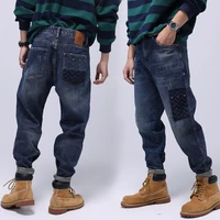 street style fashion men jeans retro blue loose fit casual wide leg denim jeans men embroidery designer hip hop harem pants