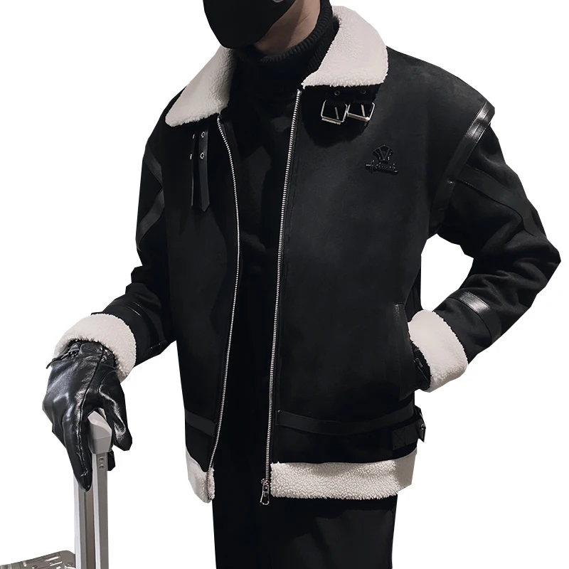 Autumn Winter Suede Men Jackets Plus Velvet Thickened Lapel Collar Motorcycle Parkas Casual Social Street Coats Chaquetas Hombre