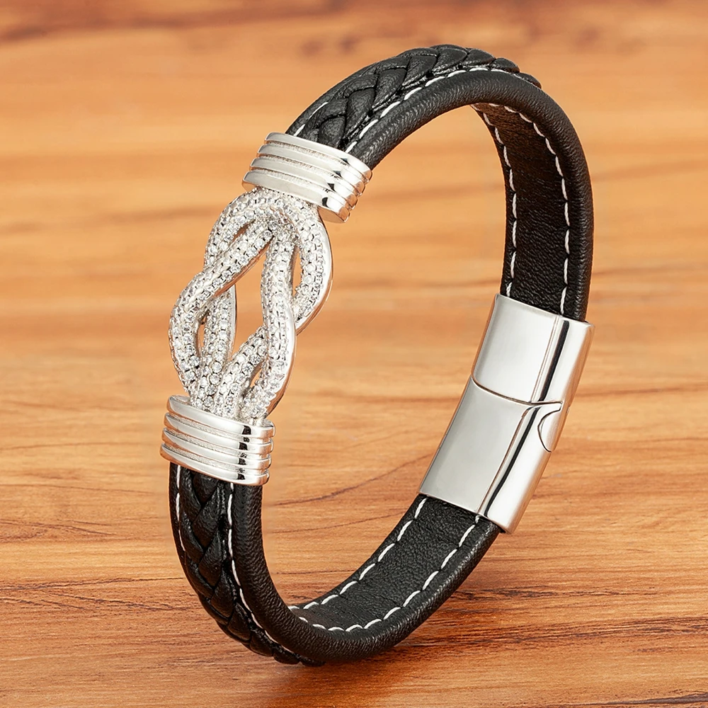 

Top Quality Wrap Braided Leather Stainless Steel Bracelet For Men Magnetic Buckle Party Accessories Punk Bangle Crystal Jewelry