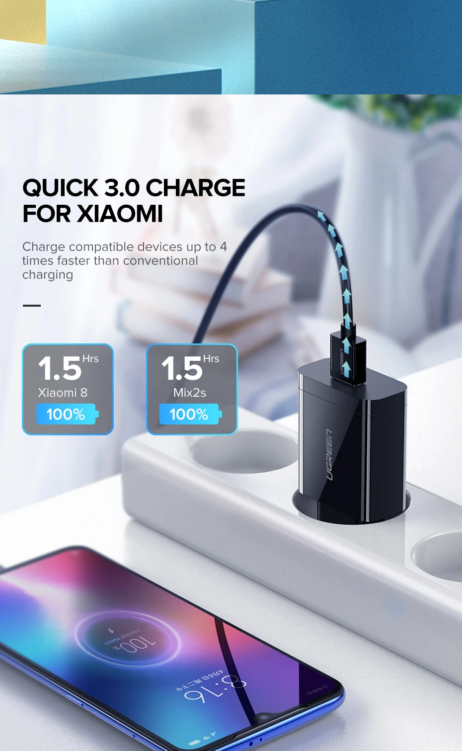 Ugreen Телефона Qualcomm Быстрая Зарядка 3.0 18 Вт Быстрое Зарядное Устройство USB(быстрая Зарядка 2.0 Совместимый) для Samsung Xiaomi 5 Huawei lg