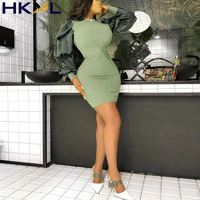 

Women Dress Round Neck Stitching Matching Pleated Puff Long Sleeve Color Pullover Slim Elegant Evening Party Dress