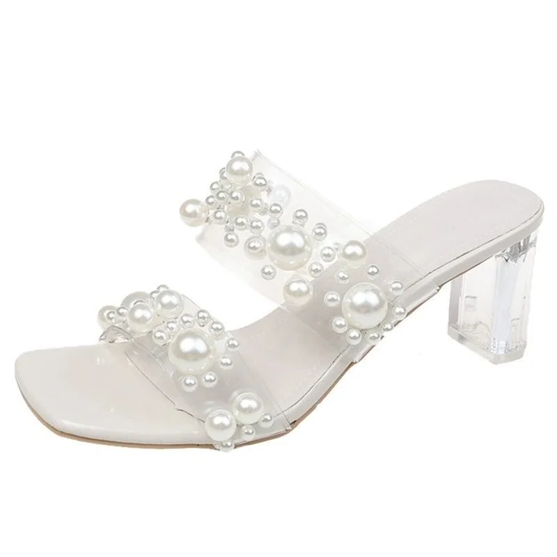 

New Transparent PVC String Bead Shoes Woman Fashion Open Toe Slippers Crystal Perspex Heels Slides Beach Sandale Femme