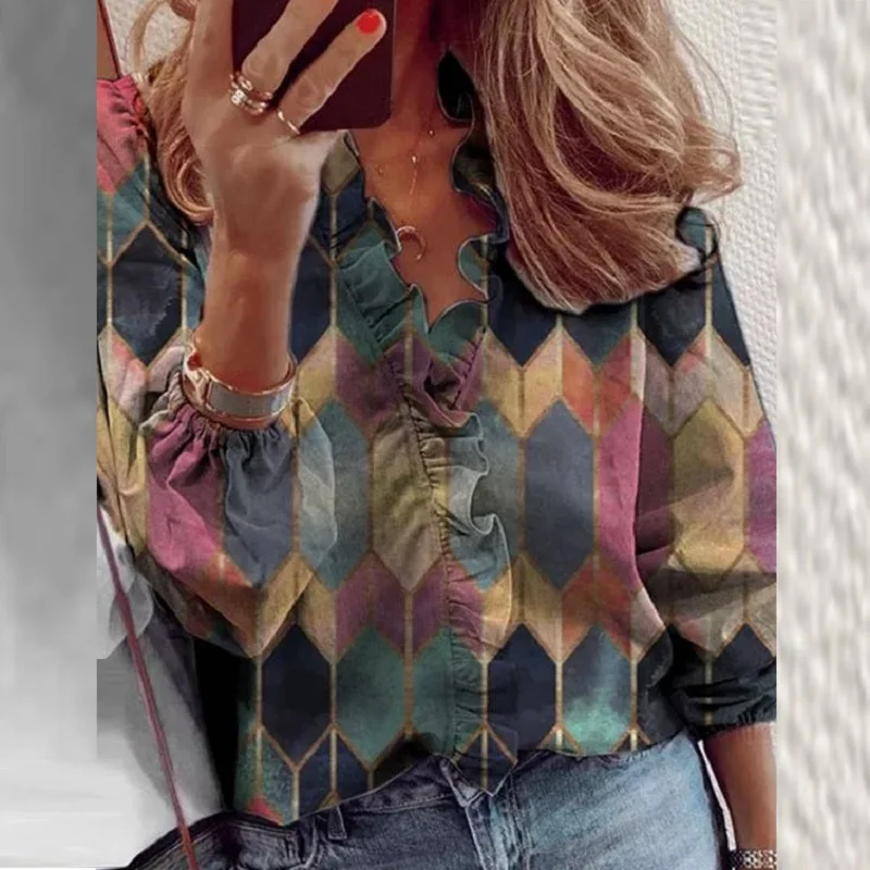 

2021 Spring Colorful Geometric Print Women Blouse Elegant V-neck Ruffles Vintage Tops Autumn Long Sleeve Plus Size Shirts Blusas