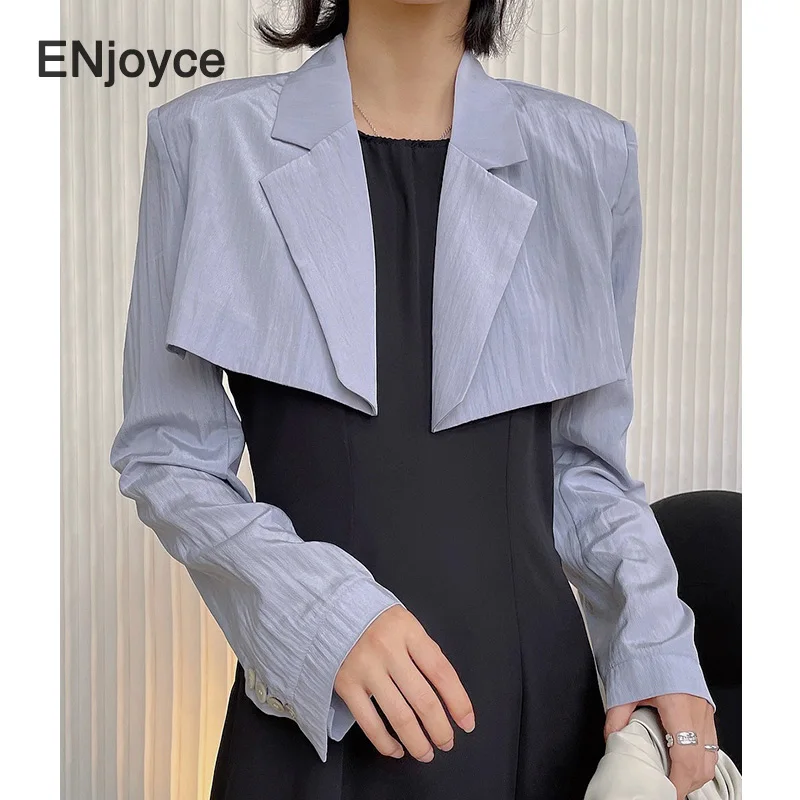

Vintage Gray Silver Glossy Blazer Cropped Tops Women Korean Style Fashion Office Ladies Long Sleeve Workwear Suit Blazers Summer