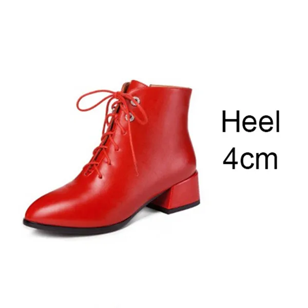 Red 4cm Heel Зимние женские Ботинки martin в британском стиле; Цвет Черный; лакированная кожа; острый носок; высокий квадратный каблук; повседневные женские ботильоны на молнии со шнуровкой - Цвет: Red 4cm Heel