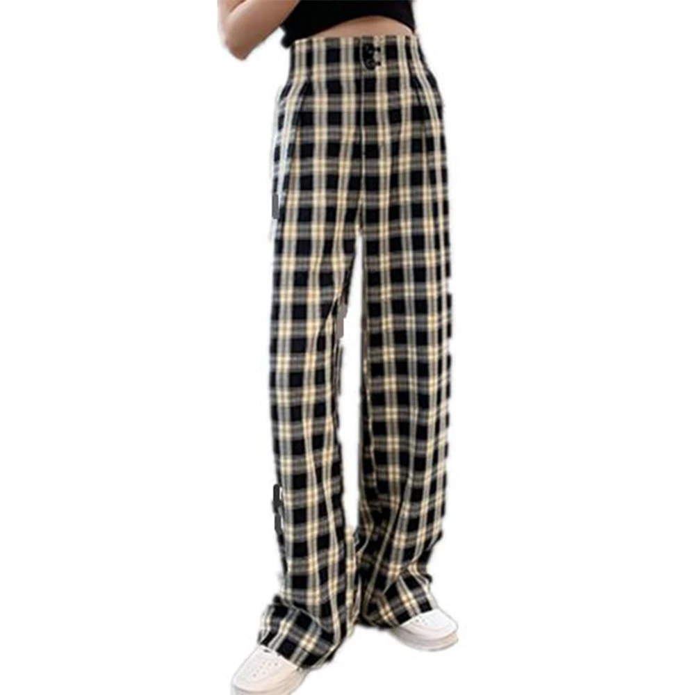 

Брюки женские клетчатые с завышенной талией и широкими штанинами