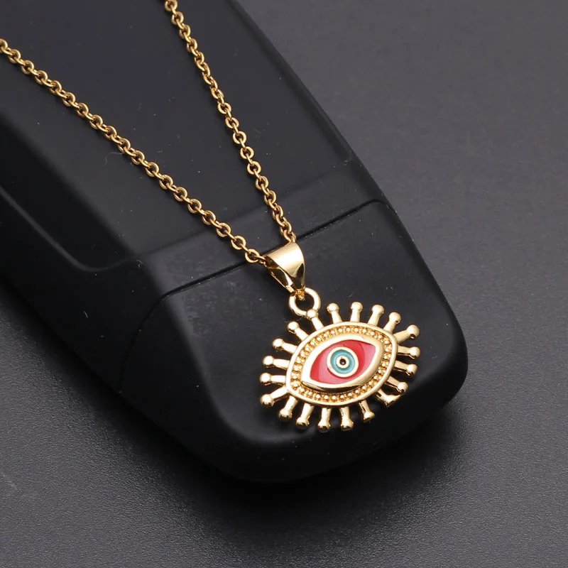 

Colour Enamel Drip Oil Process Copper Pendant Necklace For Women Stainless Steel Golden Chain Trendy Choker Retro Eyes Jewelry