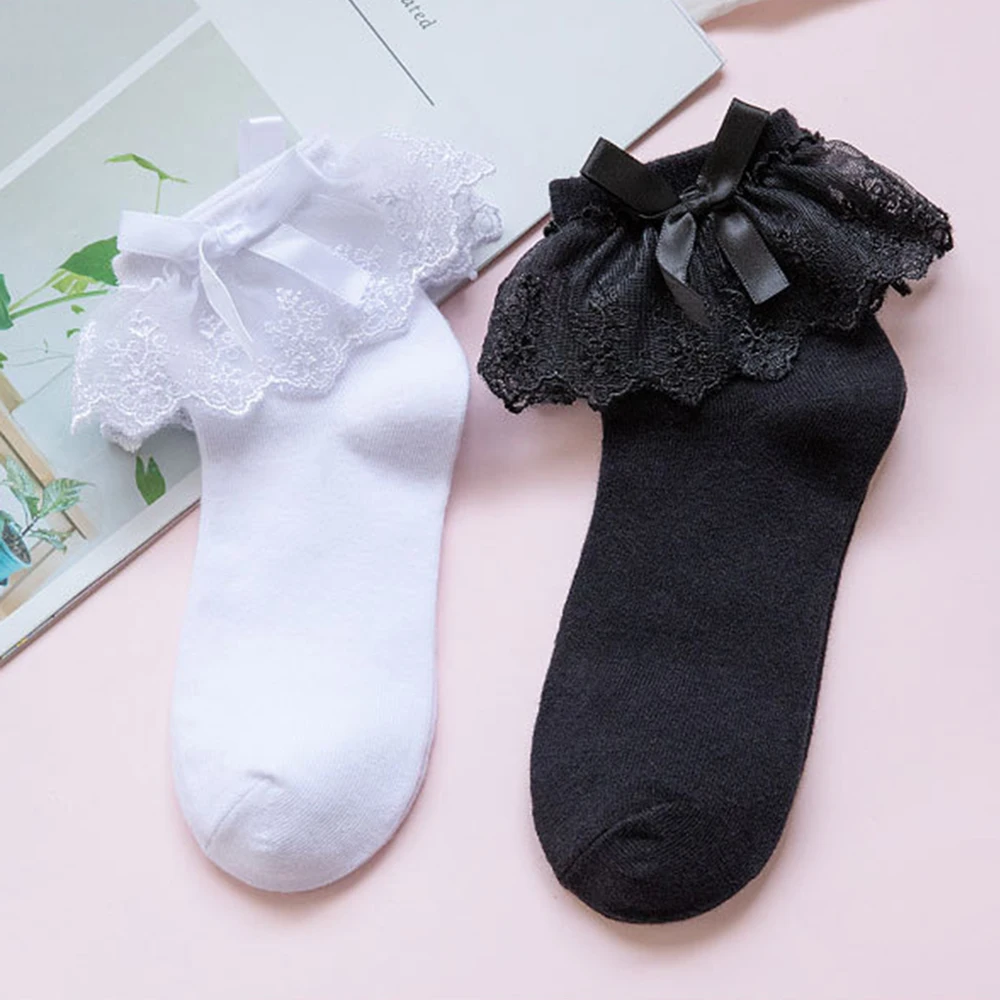1pair Breathable Cotton Lace Ruffle Princess Socks Bow Knot Ankle Short Sock Children Adult Women Girl Soft Comfortable Socks