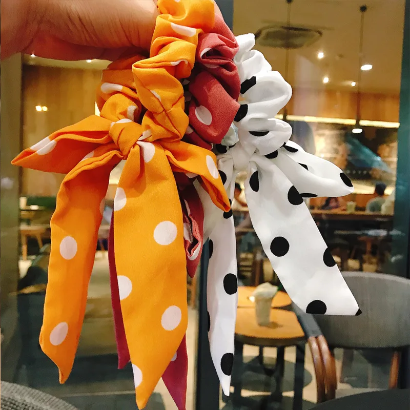 Vintage Dots Women Headwear Turban Bow Streamers Hair Scrunchies Ribbon Ties Horsetail Head Wrap Accessories |