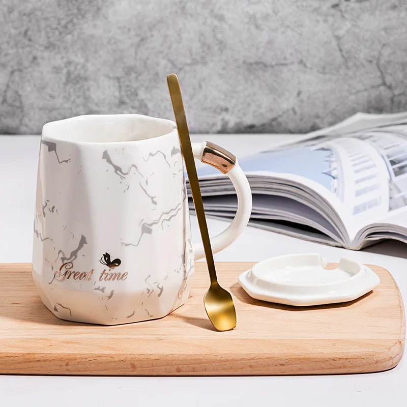 Мраморная керамическая чашка для кофе и чая с крышкой ложкой 400 мл сока молока