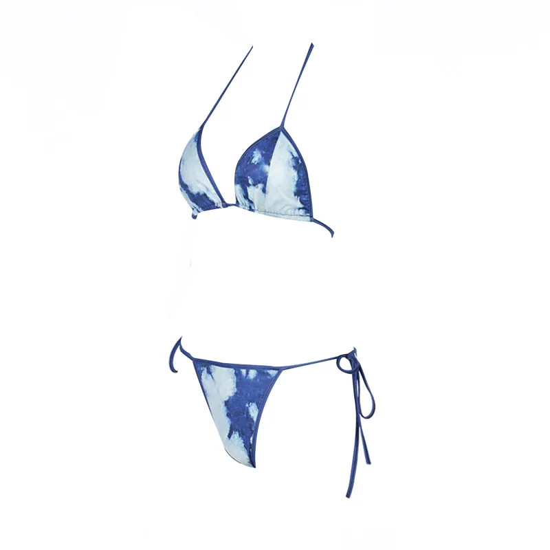 

Women Split Swimsuit Set Printed Backless Deep V-neck Bikini + Lace Up Panties for Summer