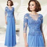 fashion blue mother of the bride dresses a line chiffon half sleeves appliques pearls beaded party gown mother dress for wedding