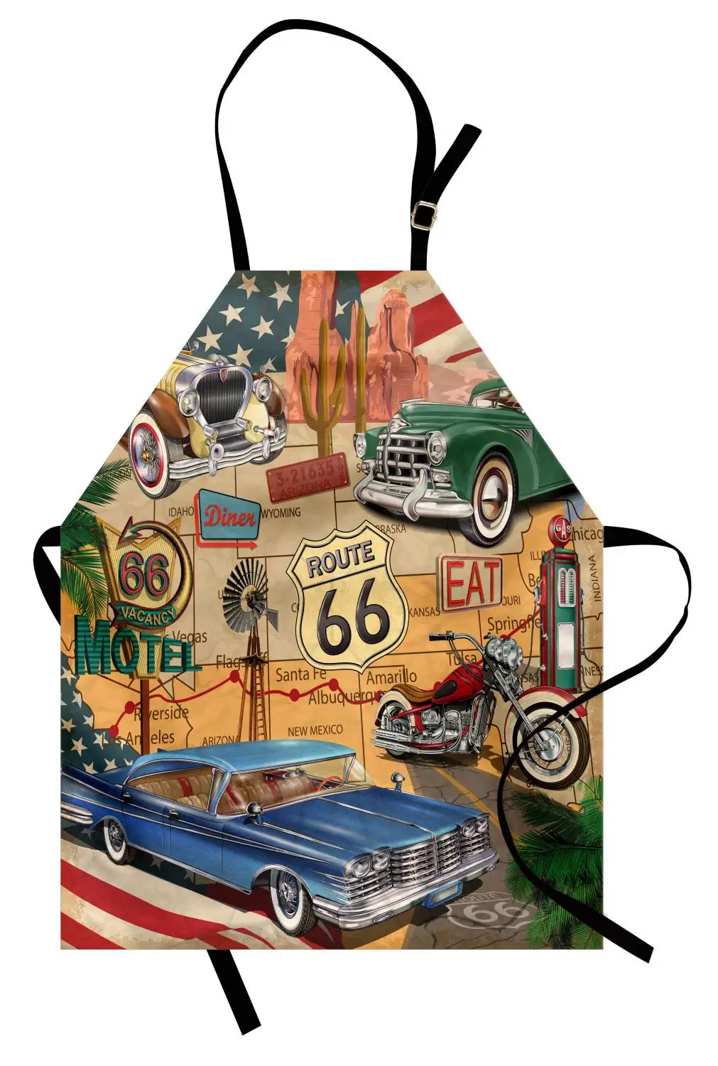 

Route 66 Apron Old Fashioned Cars Motorcycle on a Map Road Trip Journey American USA Women Kids Cooking Baking Kitchen Bib