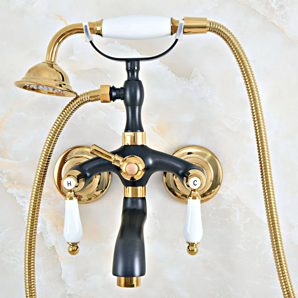 

Black Gold Color Brass Wall Mount Bathroom Tub Faucet Dual Ceramic Levers Telephone Style Hand Shower Clawfoot Tub Filler ana445