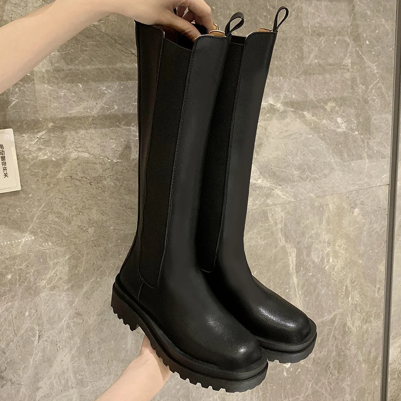 

Rimocy Black Pu Leather Long Knee High Boots Women 2021 Chunky Platform Chelsea Boots Woman Slip on Autumn Winter Shoes Ladies