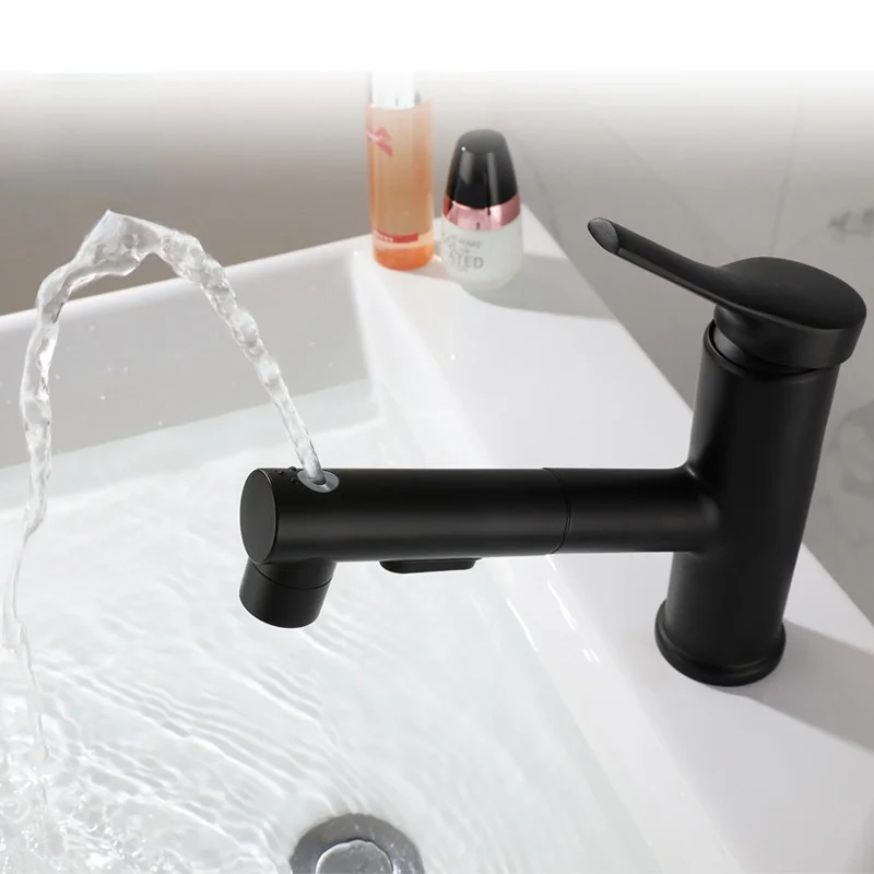 

304 Stainless Steel Black Drawing Basin Brushed Hot and Cold Mixed Water Multifunctional Washbasin Telescopic Upper Spray Faucet