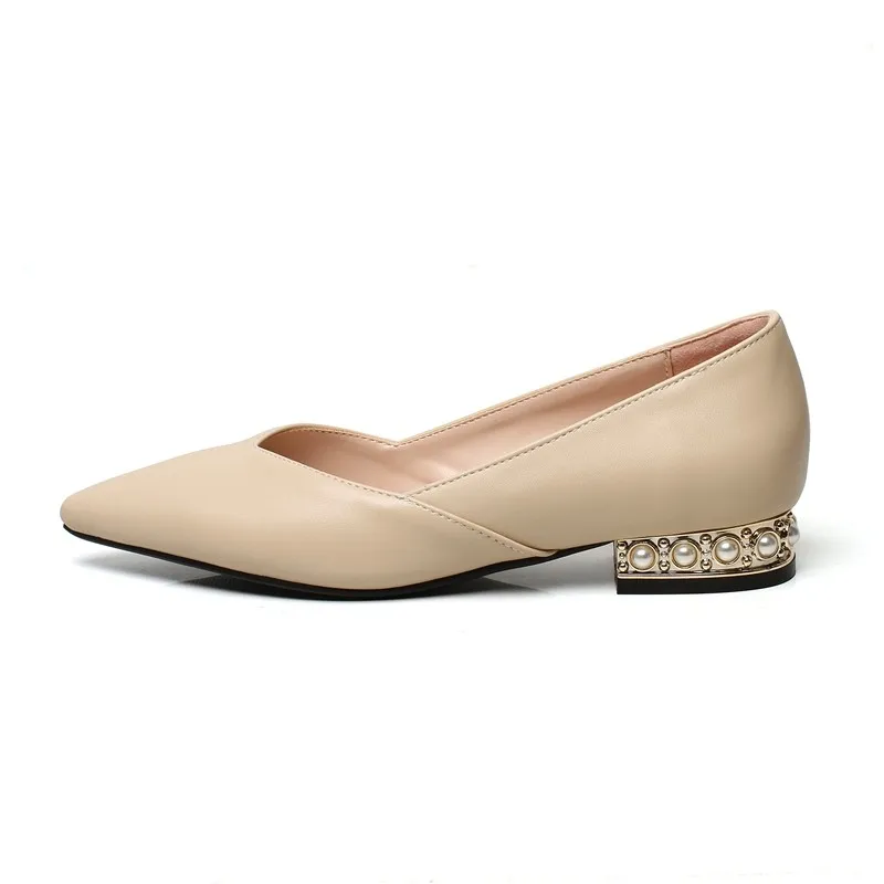 

Elegant Office Ladies Work Shoes Pearls Low Heels New Fashion Pointed Toe Slip On Shallow 2021 Spring Pumps Woman Big Size 34-43